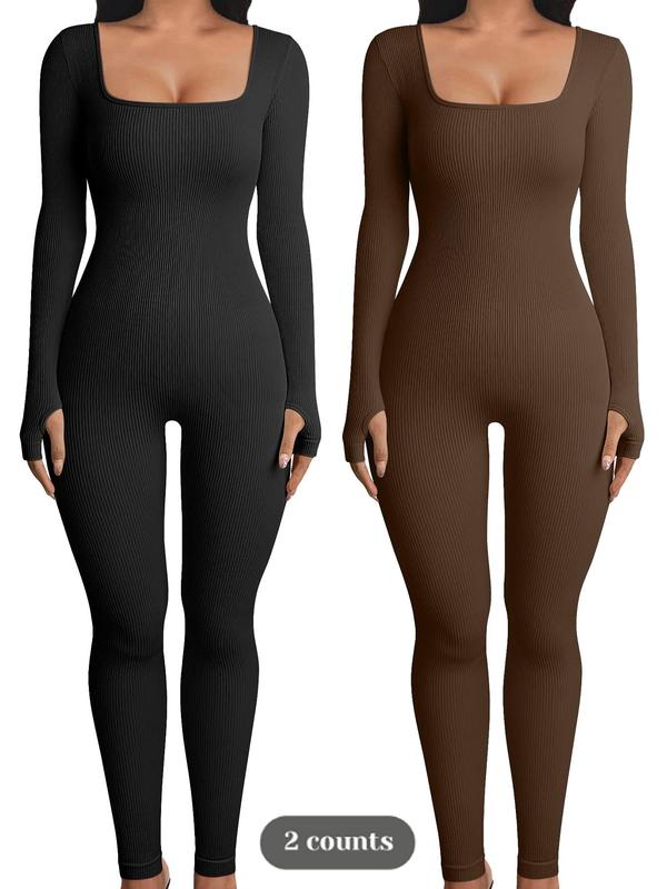 Women's Solid Long Sleeve Square Neck Shapewear Jumpsuit, Casual Comfy Thumb Hole Design Tummy Control Ribbed Jumpsuit for Daily Wear, Ladies Shapewear for All Seasons