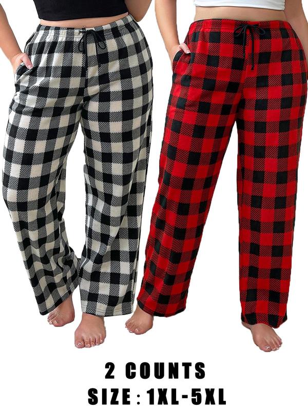  Christmas Plaid Print Drawstring Pocket Lounge Pants, Casual Comfy Trousers for Daily Wear, Women's Sleepwear for Fall & Winter