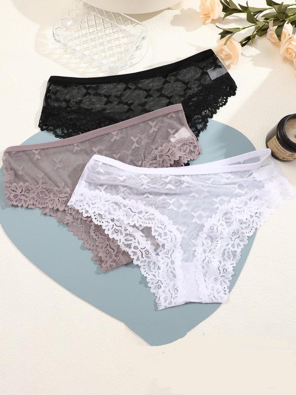 Women's 3pcs Butterfly & Floral Pattern Sheer Lace Knicker, Chic Breathable Comfortable Panties for Daily Wear, Ladies Underwear for All Seasons