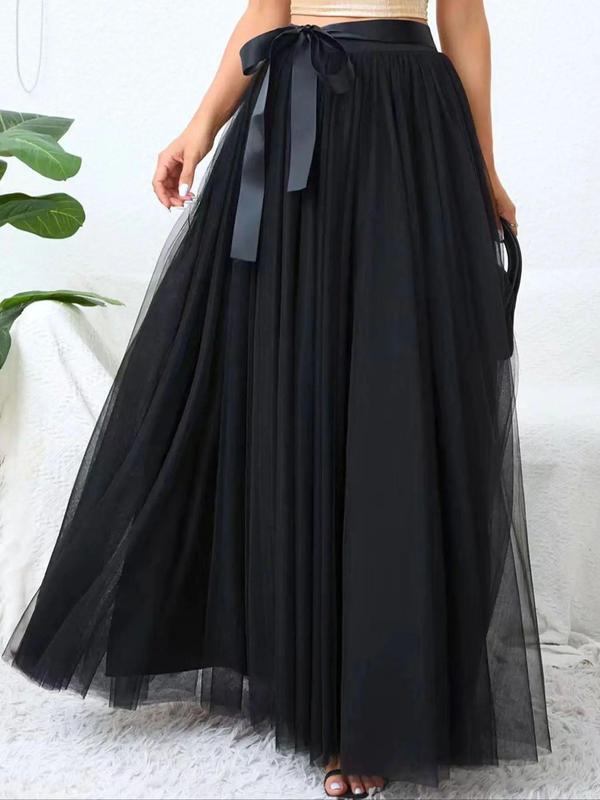 Plus Size Solid Belted Split Thigh Tulle Skirt, Elegant High Waist Maxi Skirt For Party Holiday Wedding Guest, Women's Bottoms For All Seasons