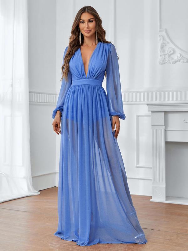 Women's Plain Ruched Sheer Bishop Sleeve Maxi Evening Vintage Dress, Elegant Deep V Neck A Line Dress For Party Banquet Wedding Guest, Ladies Spring & Summer Clothes