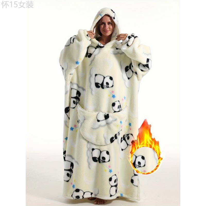 Cartoon Animal Print Hooded Robe, Warm & Comfy Long Sleeve Lounge Robe With Pockets, Women's Sleepwear Fabric Loungewear