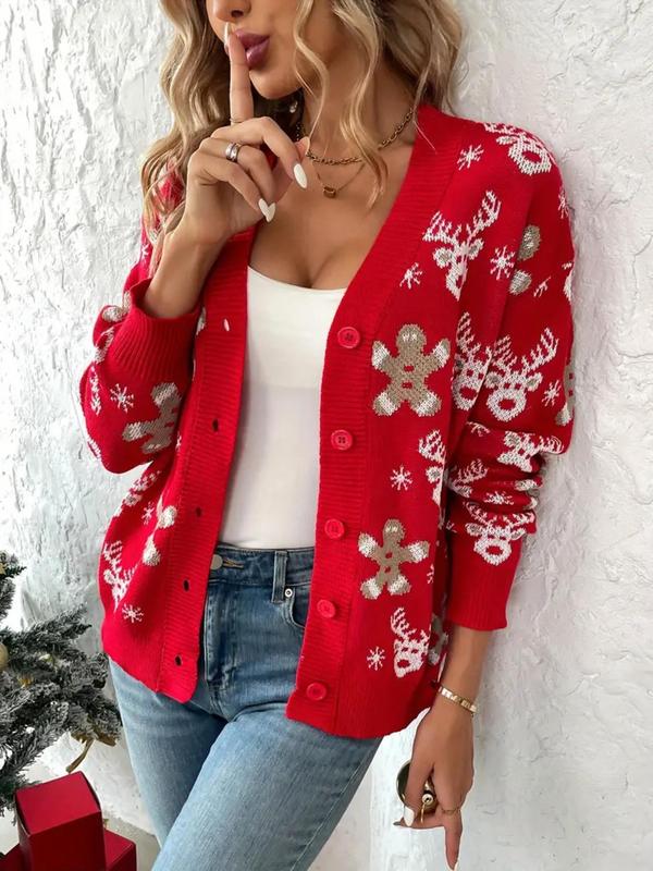 Women's Christmas Themed Button Front Sweater Cardigan, Elegant Long Sleeve V Neck Cardigan Sweater for Fall & Winter, Women's Knit Clothing for Daily Wear