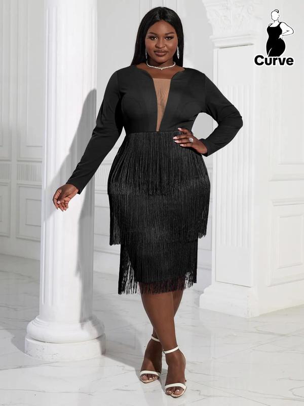 Plus Size Fringe Trim Contrast Mesh Bodycon Dress, Elegant Long Sleeve Midi Dress for Party Holiday Wedding Guest, Women's Clothes for All Seasons