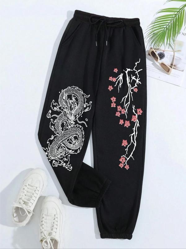 Women's Floral & Dragon Print Drawstring Waist Thermal Lined Sweatpants, Casual Pocket Jogger Pants for Spring & Fall, Fashion Women's Trousers for Daily Wear