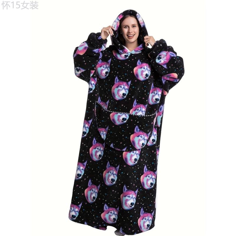 Cartoon Animal Print Hooded Robe, Warm & Comfy Long Sleeve Lounge Robe With Pockets, Women's Sleepwear Fabric Loungewear