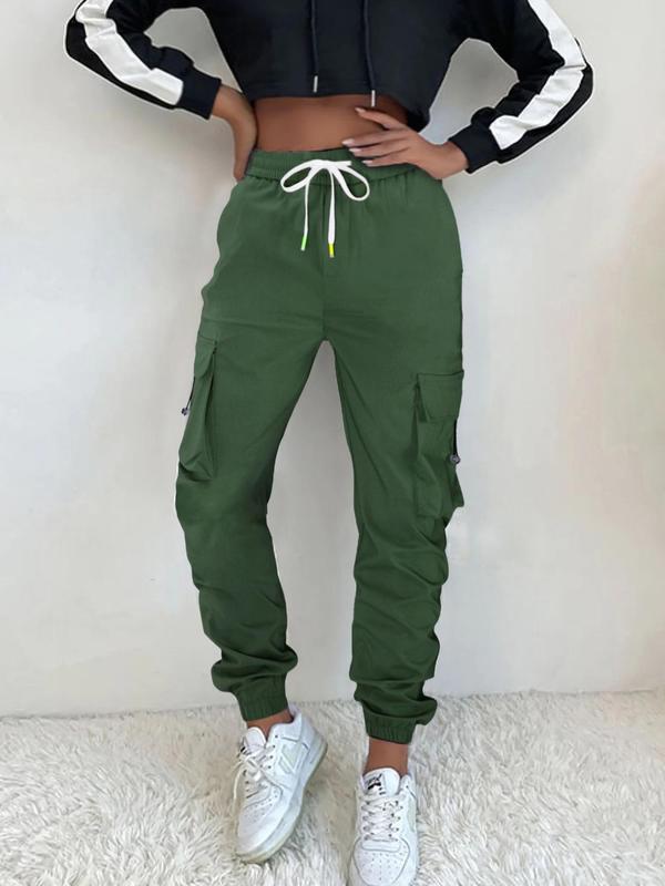 Women's Plain Drawstring Waist Cargo Pants, Casual Pocket Jogger Pants for Women, Women's Trousers for All Seasons