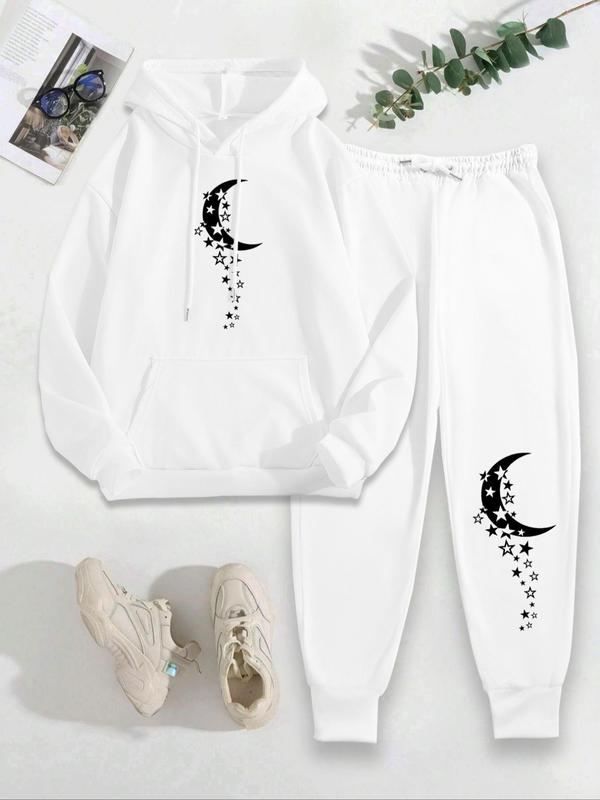 Women's Moon Print Long Sleeve Hoodie & Drawstring Waist Sweatpants Two-piece Set, Casual Drop Shoulder Hooded Sweatshirt & Pocket Pants for Fall & Winter, Women's Clothes for Daily Wear