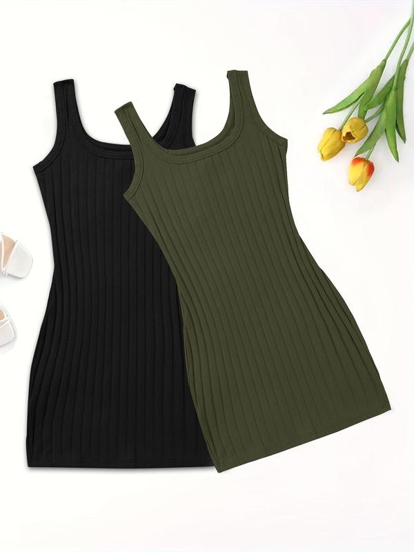 Women's Plain Ribbed Tank Nightdress, Casual Sleeveless PJ Sleepwear for Women, Pajama Dresses for Women Summer, Back To School Wear, Dress for Women, Lady Comfort Loungewear, Basic Nightwear, Minimalist Homewear