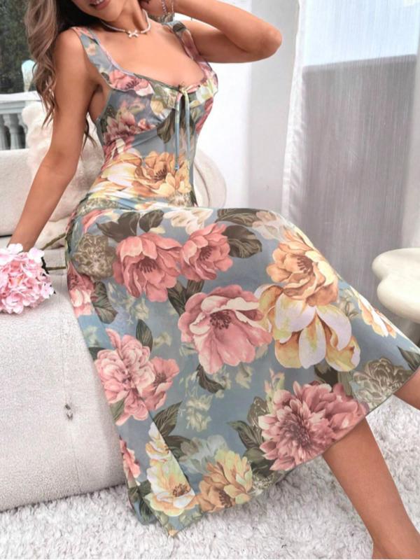 Women's Floral Print Tie Front Ruffle Trim Cami Nightdress, Casual Soft Comfortable Backless Sleeveless Nightgown for Daily Wear, Ladies Sleepwear for All Seasons