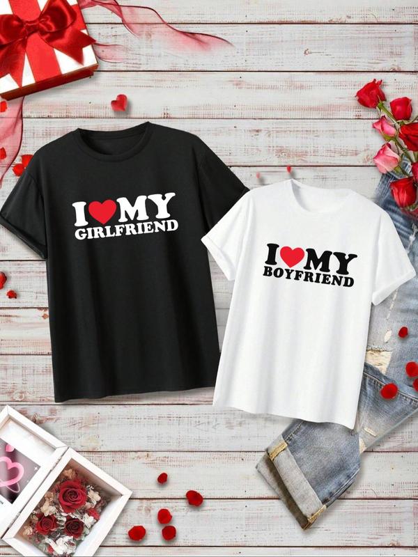 Couple Letter & Heart Print Round Neck Tee, Regular Fit Casual Short Sleeve Crew Neck T-shirt, Summer Clothes for Couples, Comfort Clothes for Gift