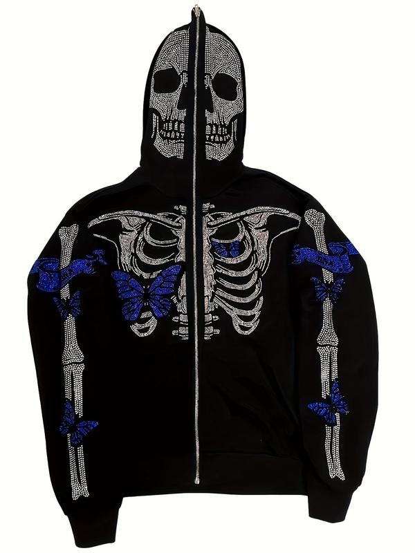 Women's Rhinestone Skull Print Zip Up Hoodie, Fashion Drop Shoulder Pocket Hooded Jacket, Women Clothes for Daily Holiday Outdoor Wear