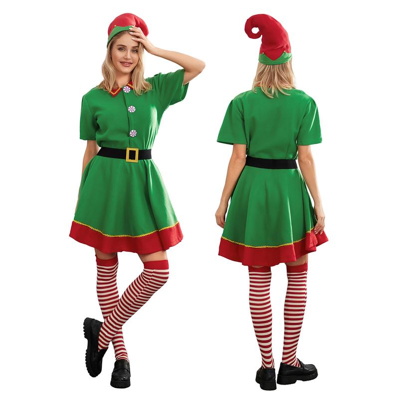 2024 New Christmas Elf Costume for Parents and Child, Short Sleeve Dress Pants over the Kneel with Hat, Belt and Socks Xmas Clothes HOT