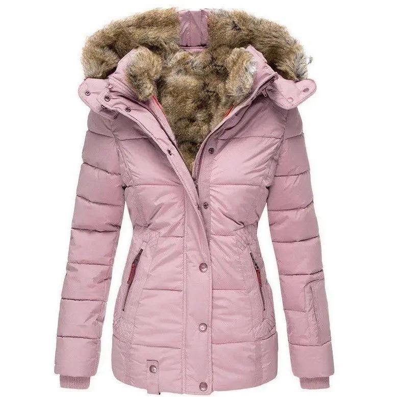 Winter Warm Wool Collar Cotton Coat Womens Zipper Long Sleeve Slim Fit Hooded Cotton Coat