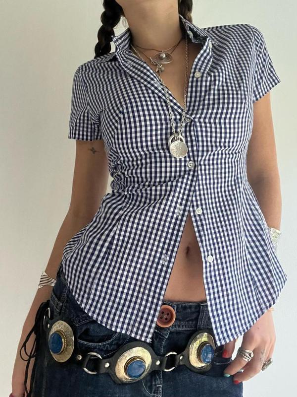 Women's Plaid Print Button Front Curved Hem Shirt, Casual Short Sleeve Collared Top for Summer, Fashion Women's Top for Daily Wear Downtown Girl Clothes