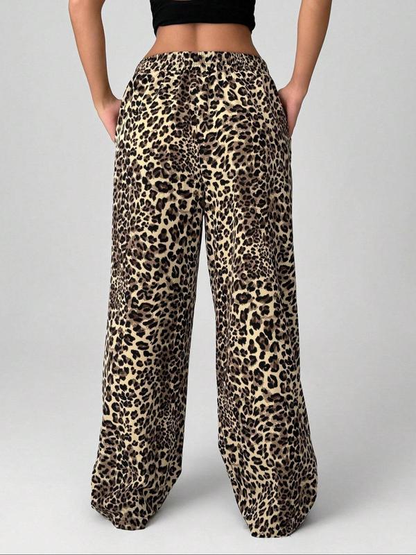 Women's Leopard Print Pocket Wide Leg Pants, Casual Comfy Trousers for Daily Wear, Ladies Bottoms for All Seasons