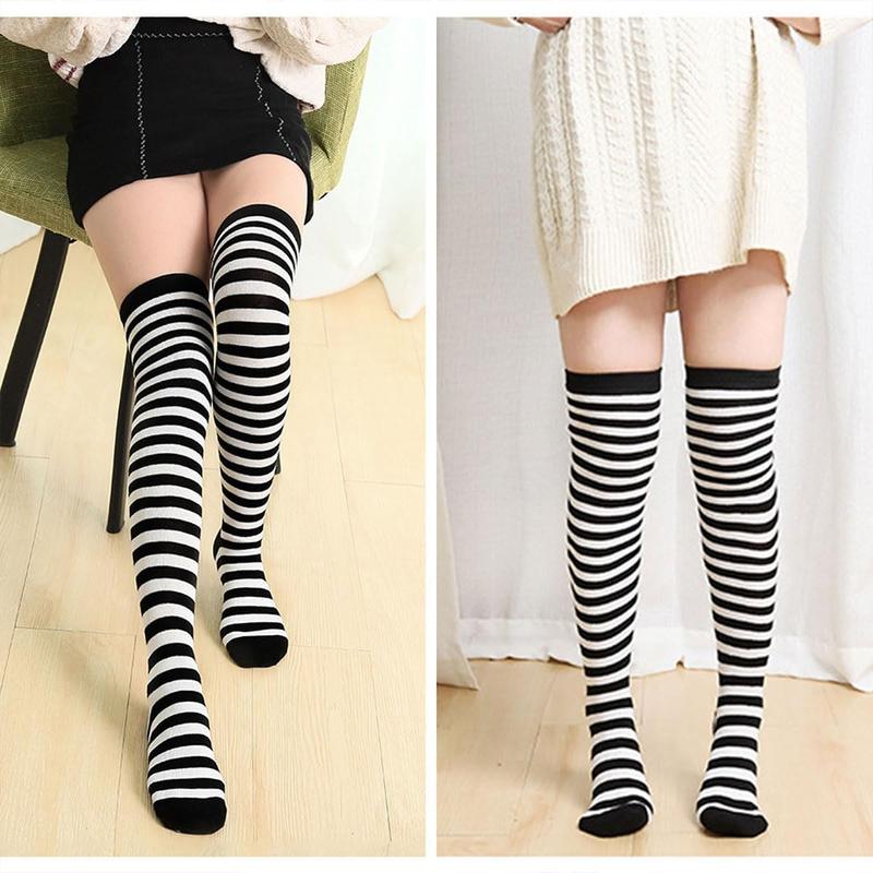 4 Pairs Womens Striped Arm Warmers Goth Y2K Knitted Fingerless Gloves with Long  High Socks Set