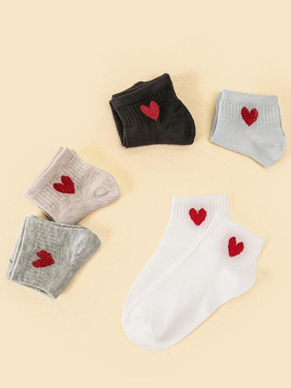 Women's 5 Pairs Heart Print Jacquard Ankle Socks, Lady Casual Style Soft Comfort Breathable Socks for Women, Multipack Low Cut Knit Crew Socks, Women's Comfortable Socks & Hosiery, Womenswear