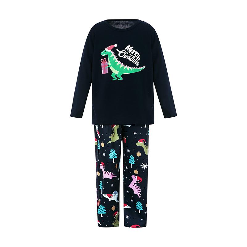 Black Matching Christmas Pajamas For Family, Dinosaur Letter Printing Long Sleeve Round Collar Sleepwear Jumpsuit for Adult Baby Kid Dog