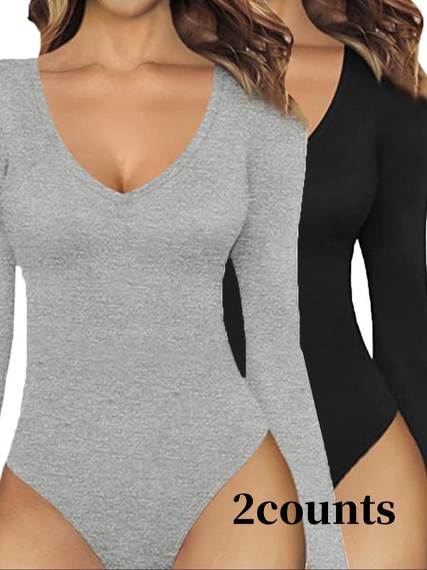 Women's Solid V Neck Long Sleeve Sports Bodysuit, 2024 New Style Casual Comfy Bodycon Bodysuit for Daily Wear, Ladies Sportswear for All Seasons