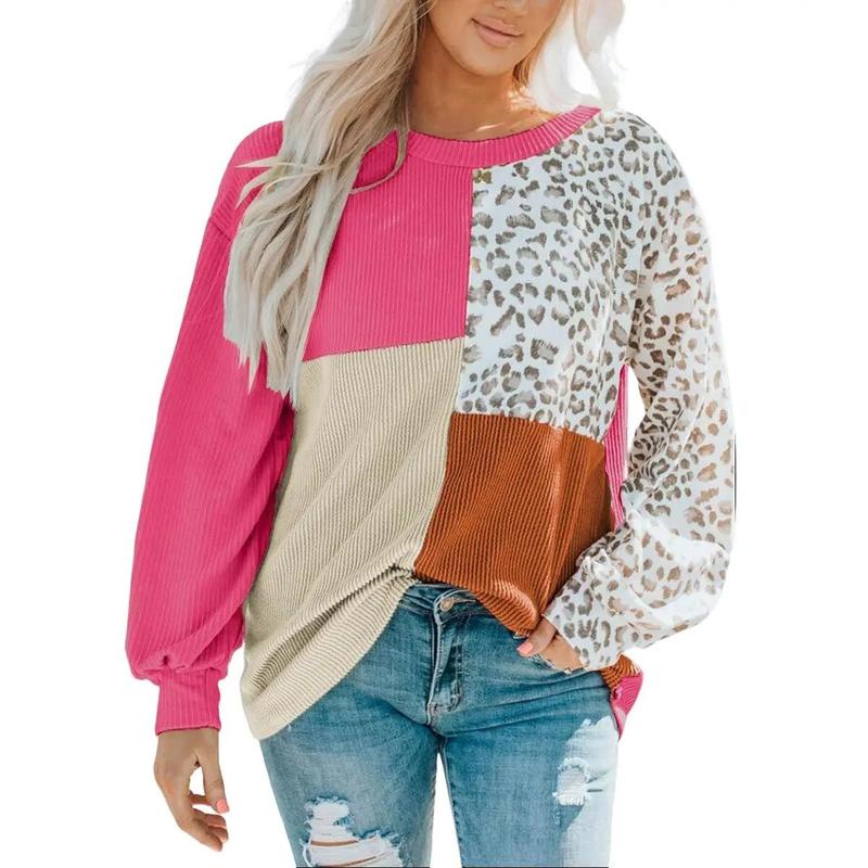 Leopard Patchwork Color Block Ribbed Long Sleeve Tops Shirts Womenswear