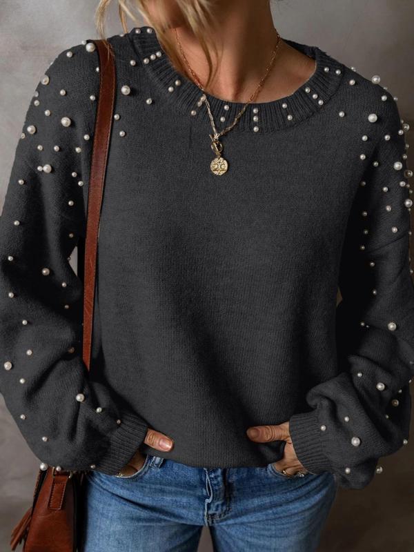 Women's Faux Pearl Decor Drop Shoulder Sweater, Casual Aesthetic Chic Long Sleeve Round Neck Jumper for Fall & Winter, Fashion Ladies' Knitwear for Daily Wear, Fall Womenswear