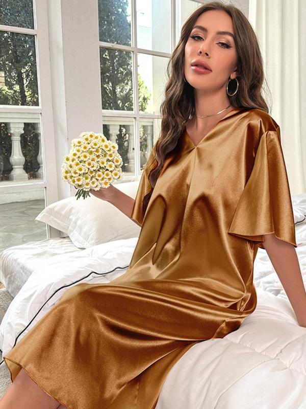 Women's Minimalist Butterfly Sleeve V Neck Soft Satin PJ Nightdress, Women's Summer Clothes, Lady Solid Color Comfortable Nighties Midi Dress for Sleepwear Homewear Nightwear, Gift for Lover