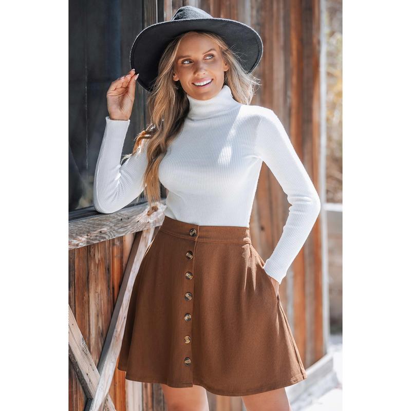 Brown Corduroy Front Button Flared Mini Skirt – Trendy Women's Clothing Perfect for Everyday Fall Wear and Casual Outfits D-C