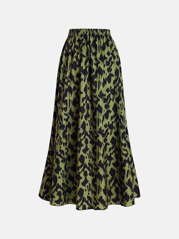 YOZY Leopard Print Asymmetrical Ruffle Split Thigh Skirt, Elegant Elastic Waist Long Skirt, 2024 Women's All Season Outfits for Party, Holiday, Vacation