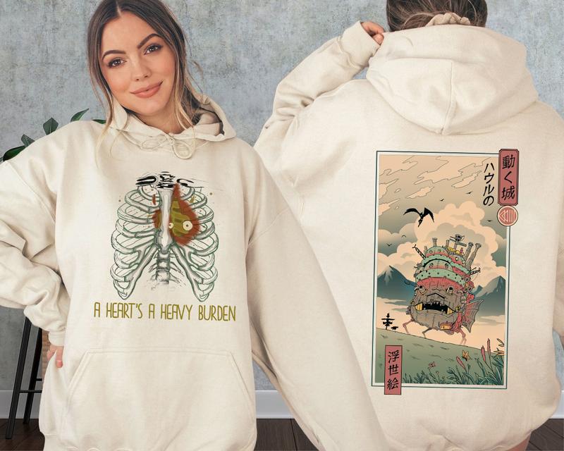 A Heart's A Heavy Burden 2 Sided Hoodie, Sweatshirt, Tshirt, Howls Moving Castle Shirt, Studio Ghibli, Anime