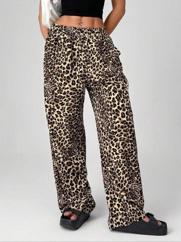 Women's Leopard Print Pocket Wide Leg Pants, Casual Comfy Trousers for Daily Wear, Ladies Bottoms for All Seasons