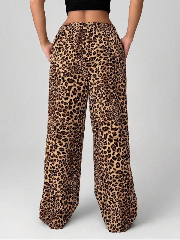 Women's Leopard Print Pocket Wide Leg Pants, Casual Comfy Trousers for Daily Wear, Ladies Bottoms for All Seasons