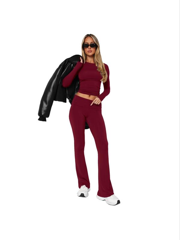 Women's Solid Long Sleeve Tee & Flare Leg Pants Loungewear Two-piece Set, Casual Comfy Round Neck Top & Drop Waist Trousers PJ Set, Ladies Sleepwear for All Seasons