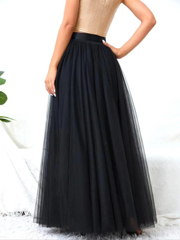 Plus Size Solid Belted Split Thigh Tulle Skirt, Elegant High Waist Maxi Skirt For Party Holiday Wedding Guest, Women's Bottoms For All Seasons