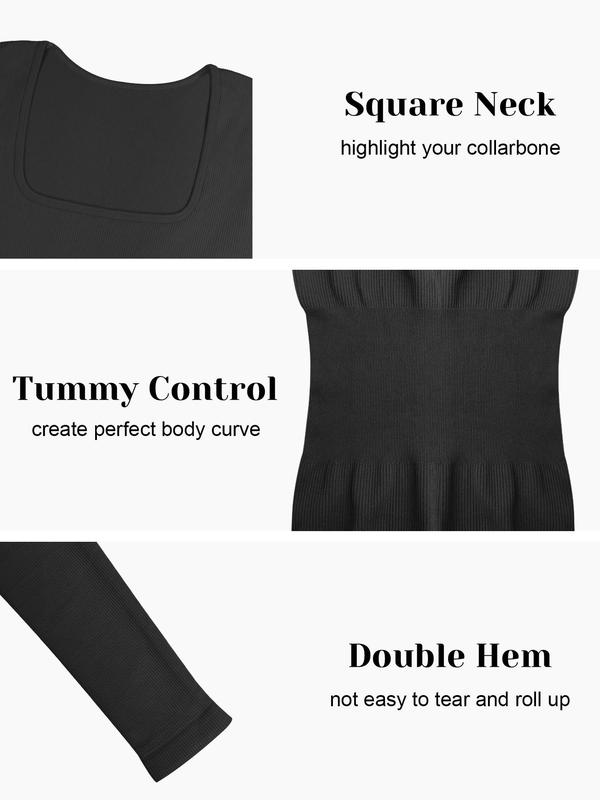 Women's Solid Long Sleeve Square Neck Shapewear Jumpsuit, Casual Comfy Thumb Hole Design Tummy Control Ribbed Jumpsuit for Daily Wear, Ladies Shapewear for All Seasons