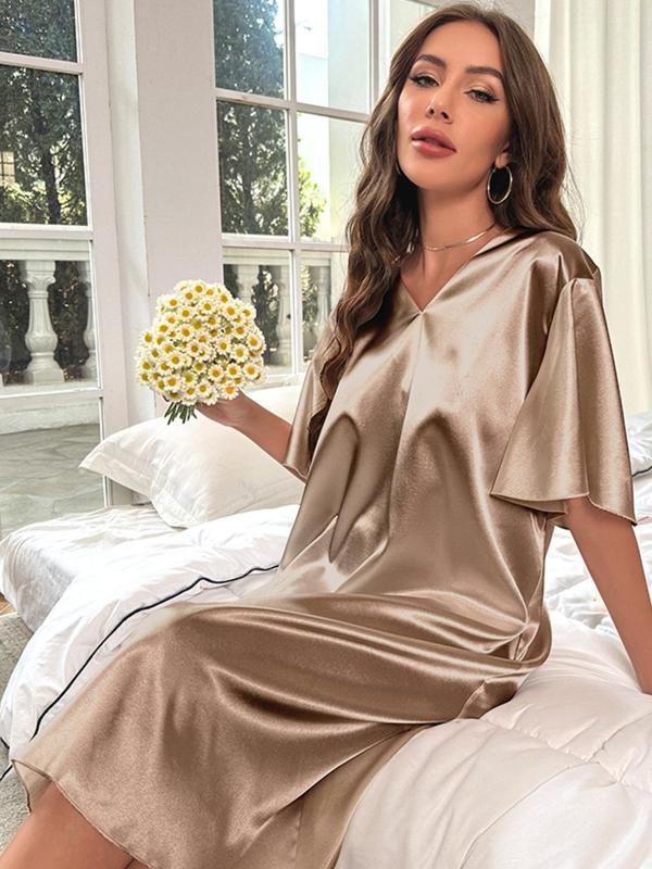 Women's Minimalist Butterfly Sleeve V Neck Soft Satin PJ Nightdress, Women's Summer Clothes, Lady Solid Color Comfortable Nighties Midi Dress for Sleepwear Homewear Nightwear, Gift for Lover