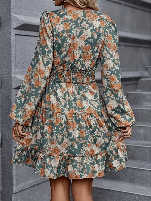 Women's Floral Print Lantern Sleeve Shirred Wrap A Line Dress, Elegant V Neck Long Sleeve Ruffle Hem Knee Length Dress for Spring & Fall, Women's Clothing for Daily Wear