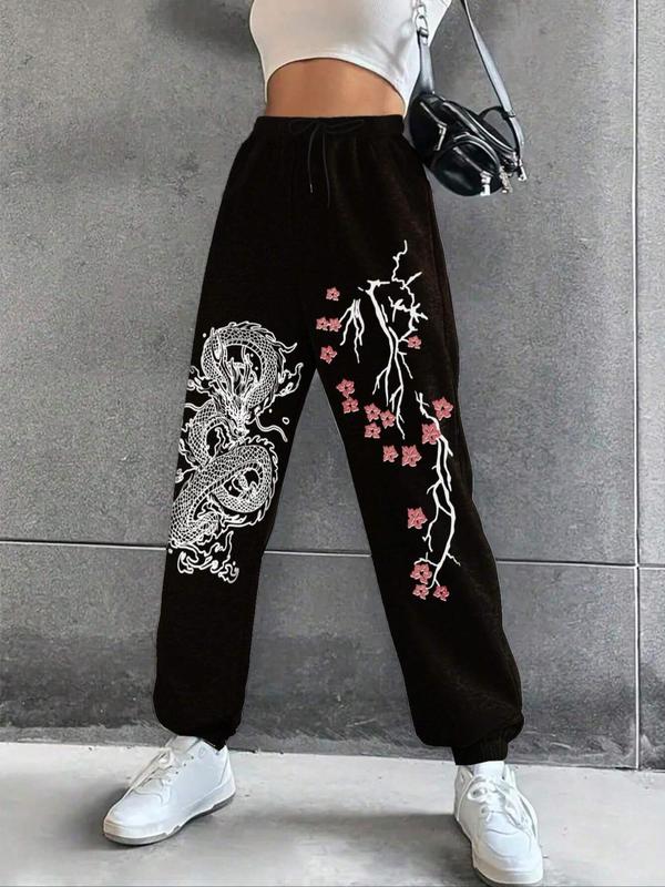 Women's Floral & Dragon Print Drawstring Waist Thermal Lined Sweatpants, Casual Pocket Jogger Pants for Spring & Fall, Fashion Women's Trousers for Daily Wear