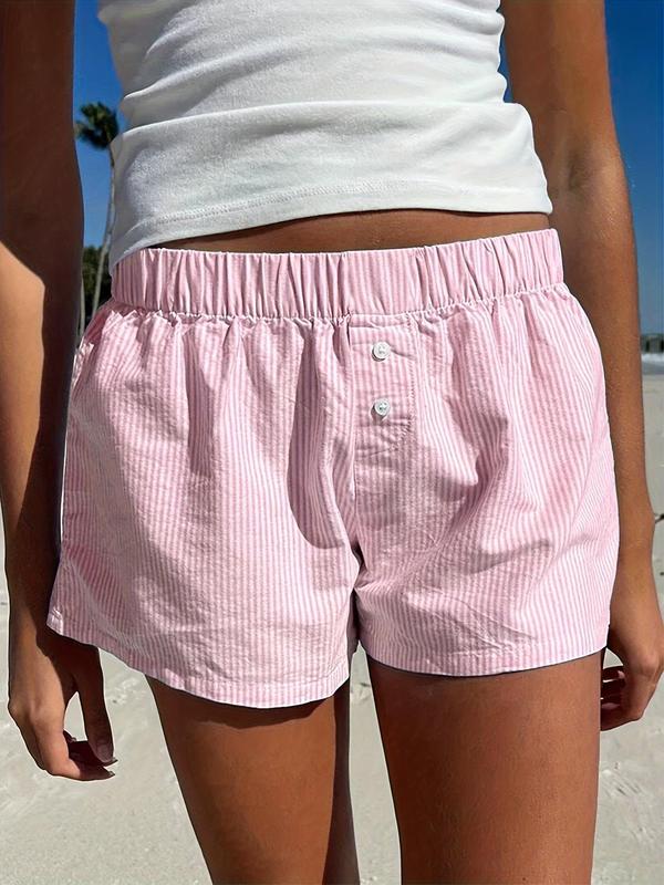 Women's Striped Button Elastic Waist Bloomer Shorts, Casual Comfy Shorts for Summer, Fashion Women's Bottoms for Daily Wear