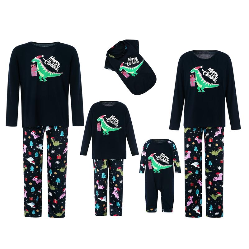 Black Matching Christmas Pajamas For Family, Dinosaur Letter Printing Long Sleeve Round Collar Sleepwear Jumpsuit for Adult Baby Kid Dog