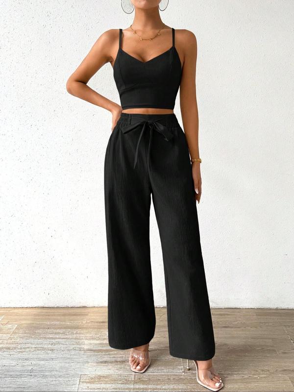 Women's Solid Shirred Crop Cami Top & Tie Front Wide Leg Pants Two-Piece Set, Casual Fashion Cozy Two Piece Outfits for Daily Outdoor Wear, Ladies Clothes for Summer