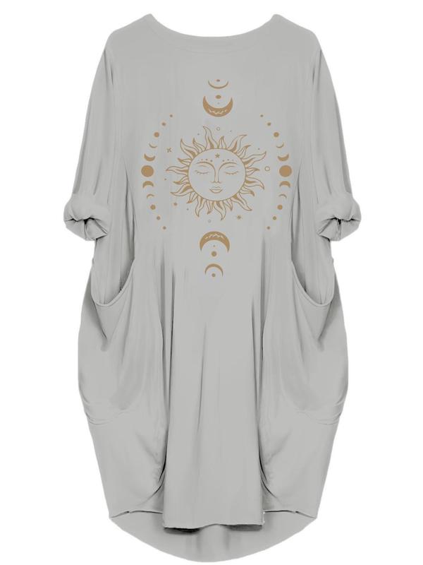  Moon & Sun Print Asymmetrical Hem Dress, Casual Long Sleeve Round Neck Dress for Summer, Women's Plus Clothing for Daily Wear