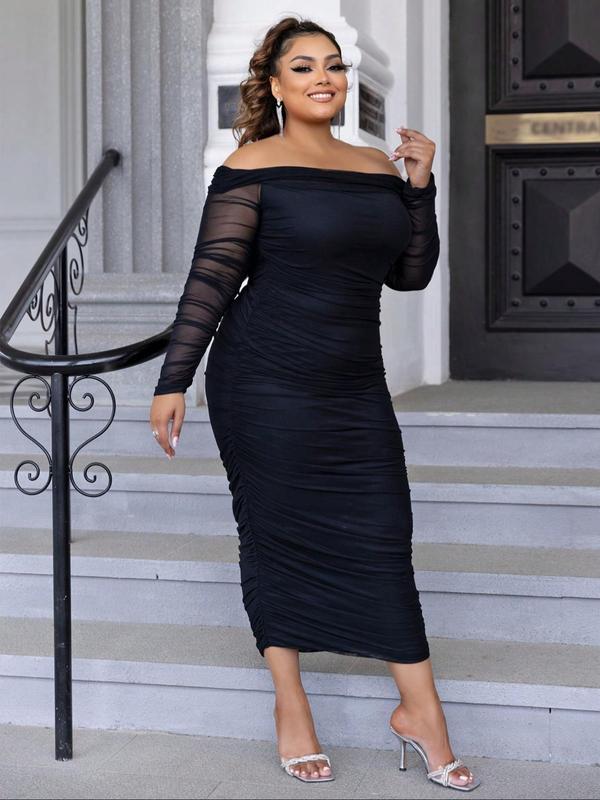 Plus Size Off Shoulder Mesh Bodycon Dress, Elegant Ruched Long Sleeve Evening Party Gown, Women's Clothes for Summer