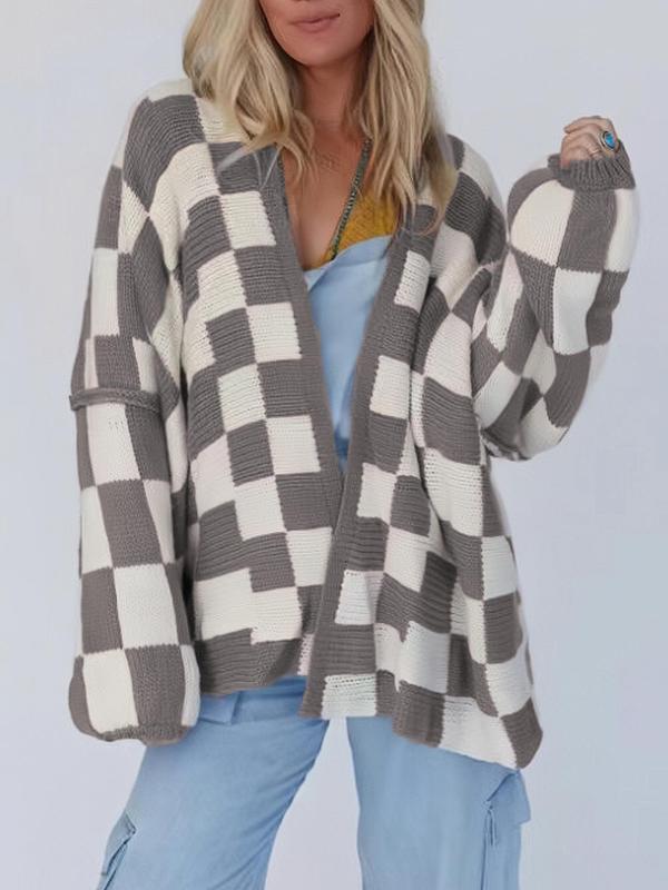 Christmas Deals Women's Checkerboard Pattern Drop Shoulder Cardigan, Casual Long Sleeve Open Front Knitwear for Summer, Fashion Ladies' Knit Clothing for Daily Wear, Christmas 2024 Trend, Fall&Winter Clothing