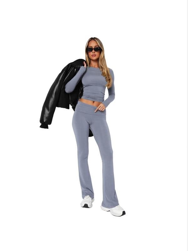 Women's Solid Long Sleeve Tee & Flare Leg Pants Loungewear Two-piece Set, Casual Comfy Round Neck Top & Drop Waist Trousers PJ Set, Ladies Sleepwear for All Seasons