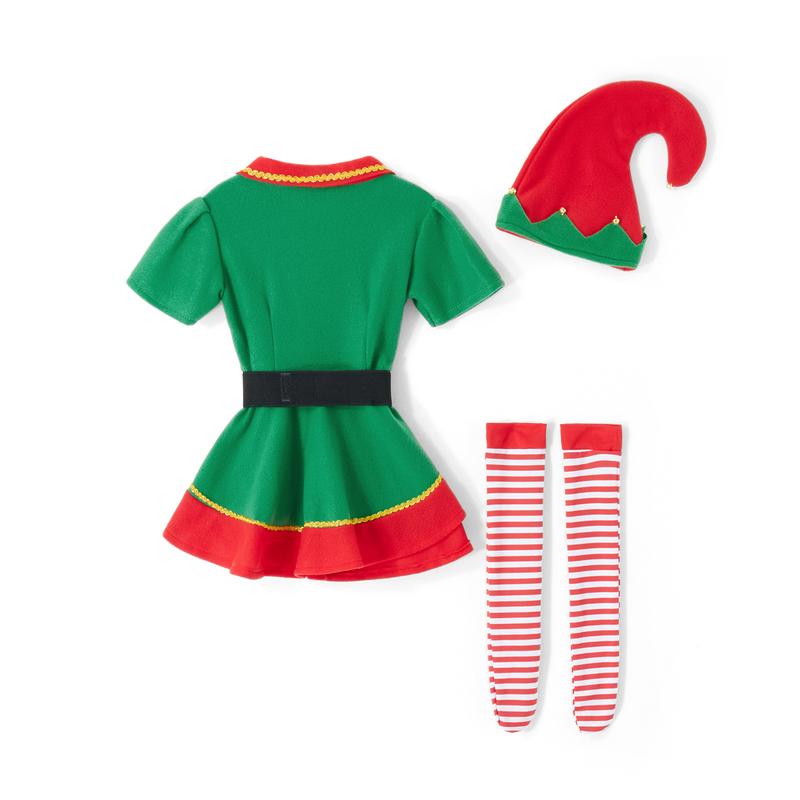 2024 New Christmas Elf Costume for Parents and Child, Short Sleeve Dress Pants over the Kneel with Hat, Belt and Socks Xmas Clothes HOT