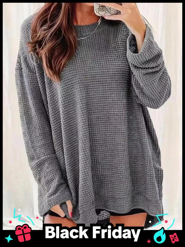  Solid High Low Drop Shoulder Tee, Casual Long Sleeve Round Neck Top for Spring & Fall, Women's Plus Clothing for Daily Wear