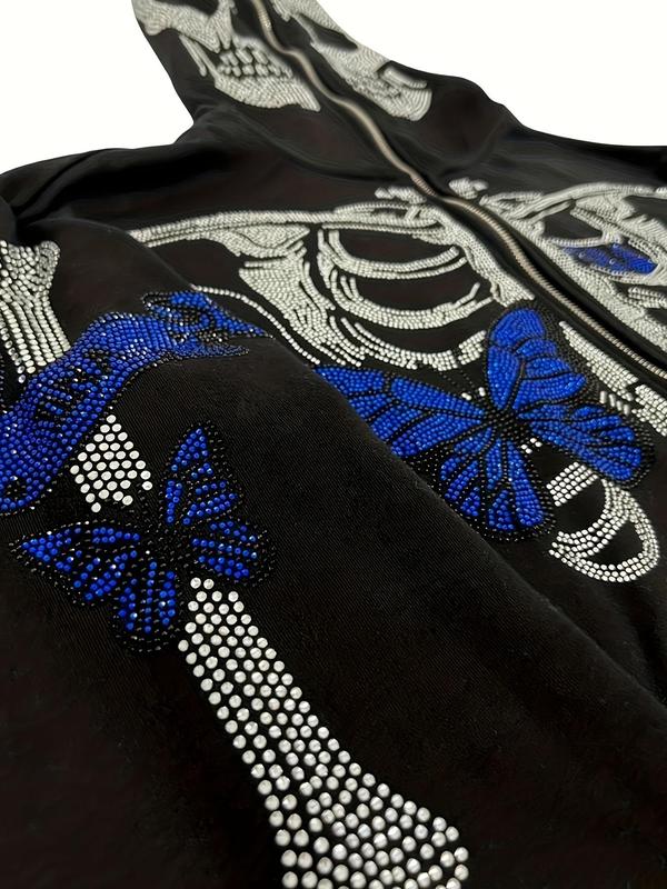 Women's Rhinestone Skull Print Zip Up Hoodie, Fashion Drop Shoulder Pocket Hooded Jacket, Women Clothes for Daily Holiday Outdoor Wear