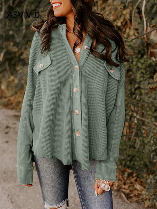 Women's Plain Button Front Drop Shoulder Shirt, Casual High Low Pocket Long Sleeve Top for Daily Wear, Ladies Clothes for Fall, Downtown Girl Clothes