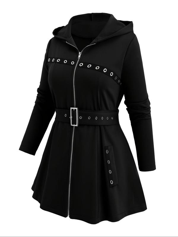  Grommet Eyelet Decor Belted Hooded Jacket, Casual Long Sleeve Zip Up Hooded Outerwear for Fall & Winter, Women's Clothes for Daily Wear